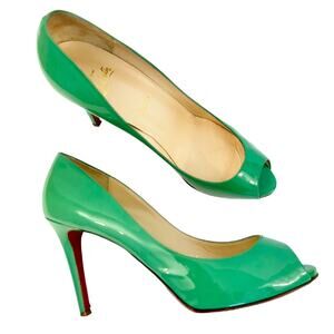 Christian Louboutin Lady Claude 100 Pump Shoes Patent Peep-Toe Mint Green Sz 42